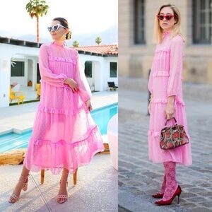 Topshop Dobby Chiffon Midi Dress Ruffle Tiered Sheer Pink Vintage Size 4